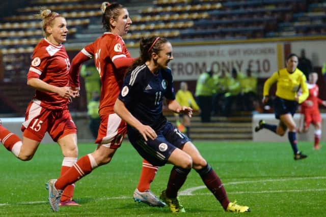 Jane ross scores to put Scotland Women 4-0 ahead against Belarus. Picture: SNS