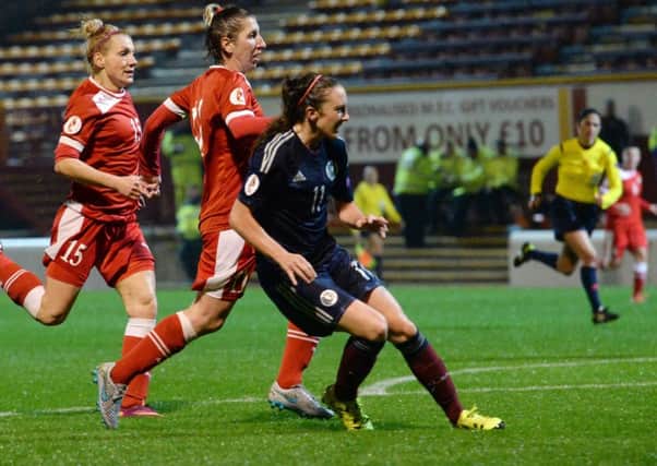 Jane ross scores to put Scotland Women 4-0 ahead against Belarus. Picture: SNS