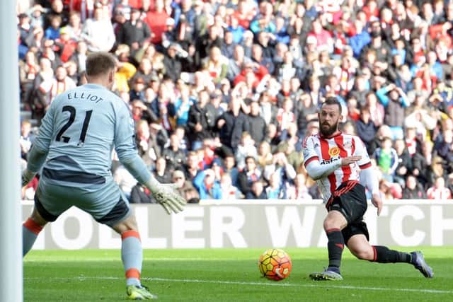Steven Fletcher scores Sunderlands third goal to make victory certain against Newcastle. Picture: PA