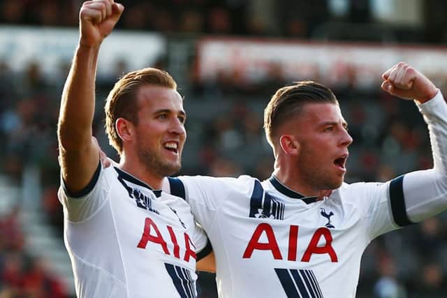 Harry Kane (left) celebrates completing his hat-trick. Picture: Getty Images