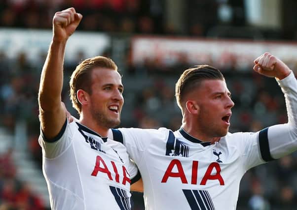 Harry Kane (left) celebrates completing his hat-trick. Picture: Getty Images