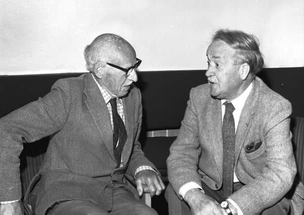 Scottish writers Albert Mackie and poet Sorley MacLean in August 1983.