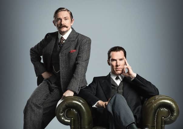 Benedict Cumberbatch, right, and Martin Freeman dressed in period costume ahead of the forthcoming Sherlock Special. Picture: PA