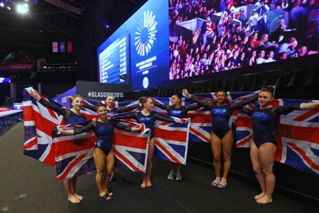 GB womens team celebrate after securing a first-ever World Gymnastics Championships medal at the SSE Hydro, Glasgow, last night. Picture: SNS Group