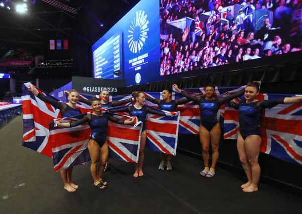 GB womens team celebrate after securing a first-ever World Gymnastics Championships medal at the SSE Hydro, Glasgow, last night. Picture: SNS Group