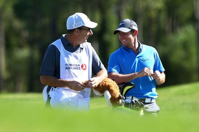 Rory McIlroyshares a joke with caddie JP Fitzgerald during practics for the Turkish Airlines Open. Picture: Getty Images