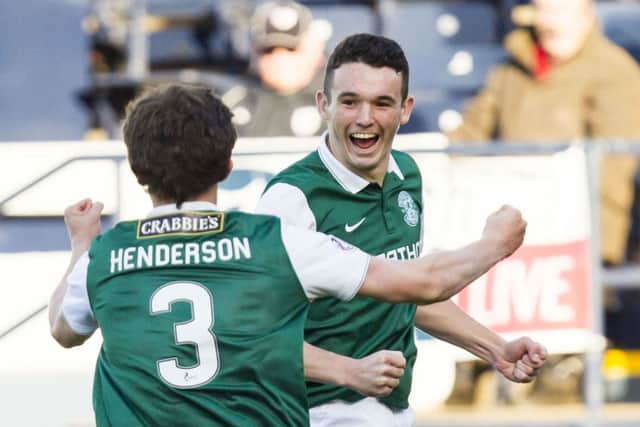 John McGinn celebrates his belter at Raith Rovers this past weekend. Picture: SNS