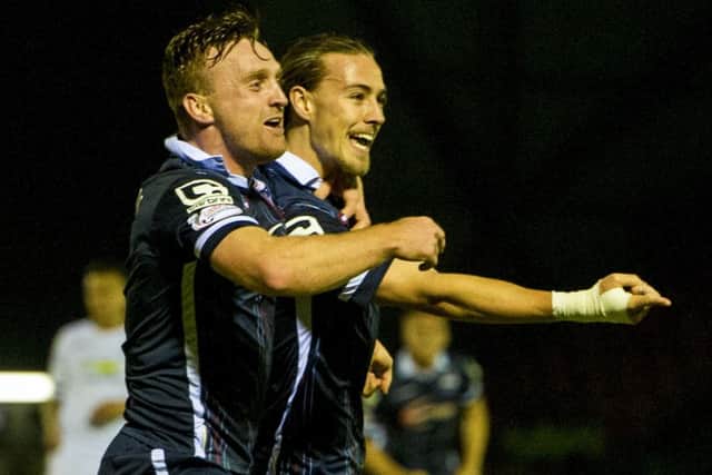 Jackson Irvine (right) celebrates his opener against Inverness CT on Tuesday night. Picture: SNS