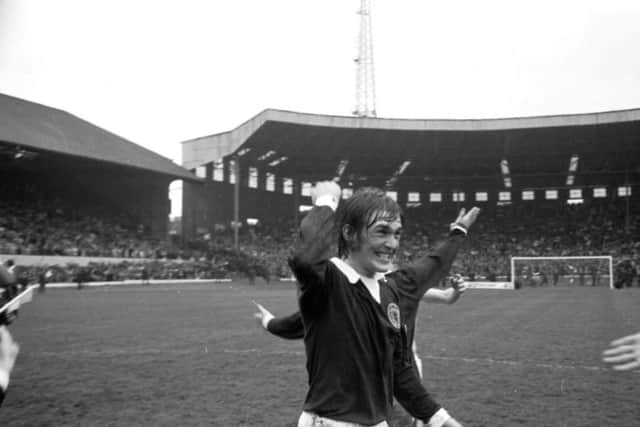 Kenny Dalglish celebrates at Hampden Park following Scotland's 2-0 win against England in 1974. Picture: Allan Milligan