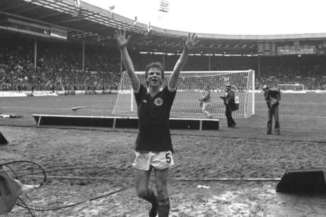 Alex McLeish salutes Scotland fans following a 1-0 win against England at Wembley Stadium in 1981. Picture: Hamish Campbell