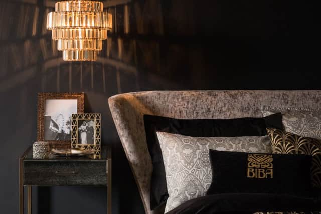 The Biba Seraphina Embroidered Bedding Range, from 36, Biba Quilted Velvet Cushion, 30, Biba Allegra Housewife Pillowcase Pair, currently 36 from 45, and Biba Opulence Glass Pendant, 260, all available from House of Fraser. Picture: PA