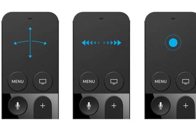 The new Apple TV remote features a touch display with gyrometer and accelerometer. Photo: Apple