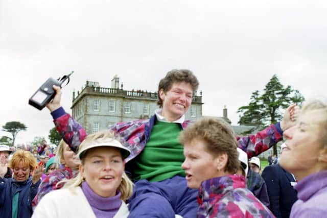 The European team celebrates after winning the Solheim Cup at Dalmahoy in October 1992. Picture: TSPL