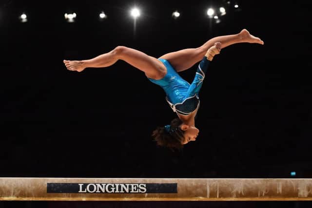 Russian gymnast Seda Tutkhalyan competes on the balance beam in the women's individual all-around final at the Hydro in Glasgow. Picture: AFP/Getty