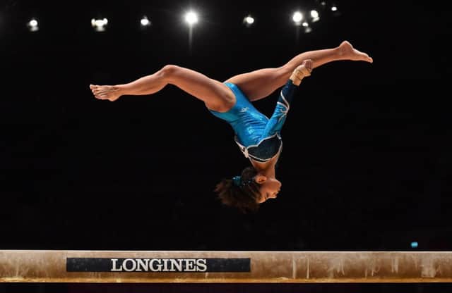 Russian gymnast Seda Tutkhalyan competes on the balance beam in the women's individual all-around final at the Hydro in Glasgow. Picture: AFP/Getty