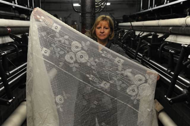 Margo Graham  Head Designer at Morton Boreland and Young Lace makers at Newmiln Ayrshire.   By the looms with lace used in new Martin Scorse's TV series Boardwalk Empire.  Based on Rennie MacIntosh design. Picture  Robert Perry  The Scotsman 11th Feb 2011