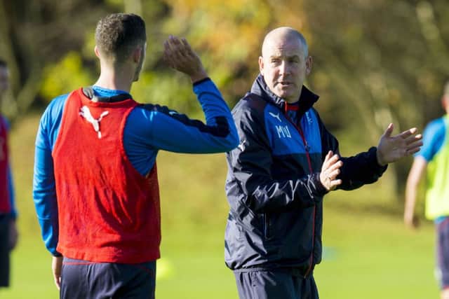 Mark Warburton directs training ahead of tomorrow's trip to Leith. Picture: SNS