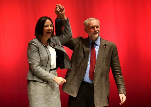 Labour leader Jeremy Corbyn with Scottish Labour leader Kezia Dugdale after his speech at Perth Concert Hall on the first day of the Scottish Labour Conference. Picture: Allan Milligan
