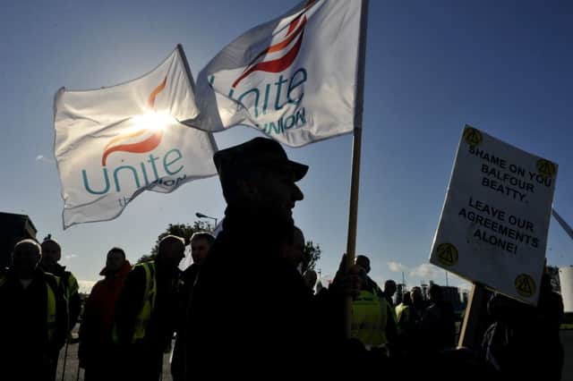 Protestors from Unite the Union demonstrate outside Ineos offices in Grangemouth in 2011. Picture: TSPL