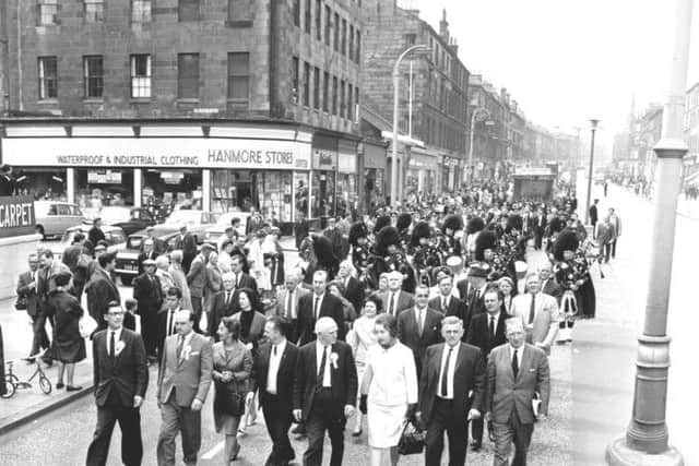 A Scottish Miners' Gala Day led by Alex Moffat and NUM leader Mick McGahey (extreme left) march down Leith Walk on their way to Leith Links in June 1966.