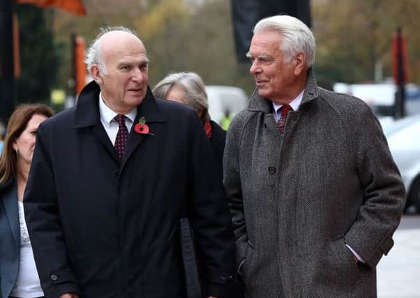 Liberal Democrat politicians Vince Cable (left) and Lord David Steel arrive to attend a memorial service for former leader Charles Kennedy. Picture: Getty Images