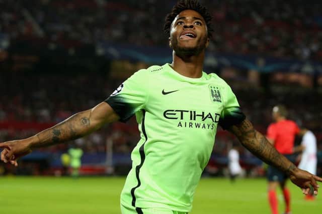 City's Raheem Sterling celebrates as he scores their first goal. Picture: Getty Images