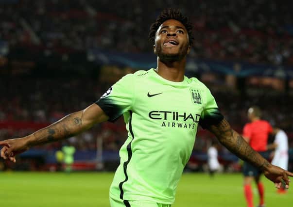 City's Raheem Sterling celebrates as he scores their first goal. Picture: Getty Images