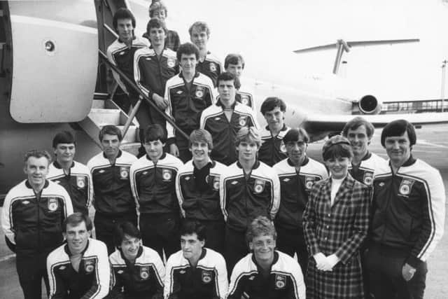 Andy Roxburgh and his Scotland under-18 squad line up for a picture at Glasgow Airport before flying to Finland for the 1982 European Championship finals. Picture: Allan Milligan