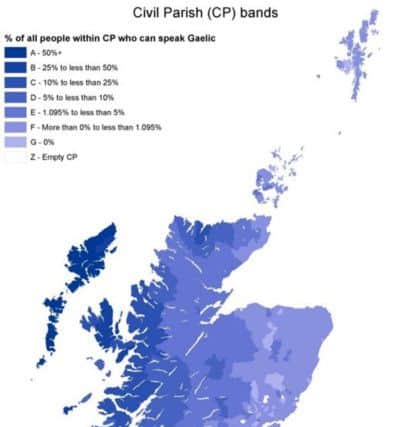 Map showing spread of Gaelic speakers across Scotland.