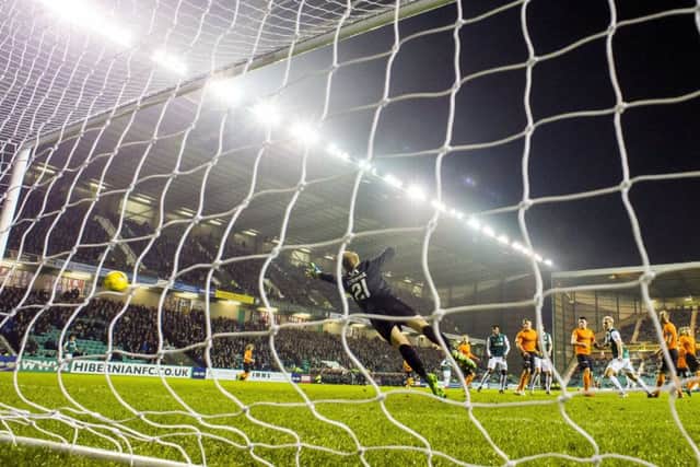 Hibernian's David Gray opens the scoring at Easter Road. Picture: SNS