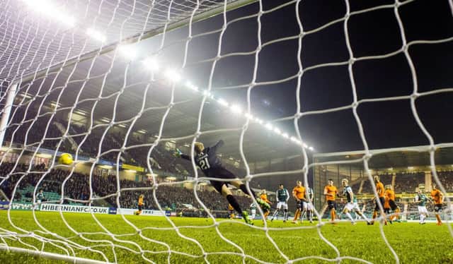Hibernian's David Gray opens the scoring at Easter Road. Picture: SNS