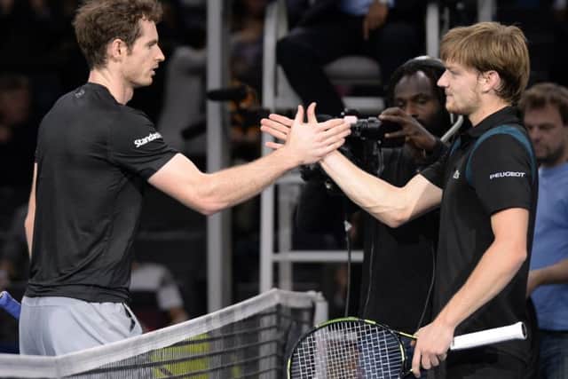 Andy Murray booked his place in the last eight of the BNP Paribas Masters with a crushing 6-1, 6-0 win over David Goffin in Paris. Picture: AFP/Getty Images