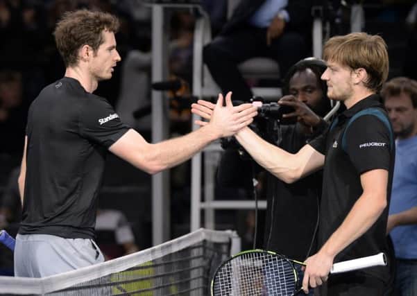 Andy Murray booked his place in the last eight of the BNP Paribas Masters with a crushing 6-1, 6-0 win over David Goffin in Paris. Picture: AFP/Getty Images