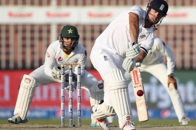 England captain Alastair Cook plays the ball to leg during Englands second innings in the 3rd Test. Picture: AP