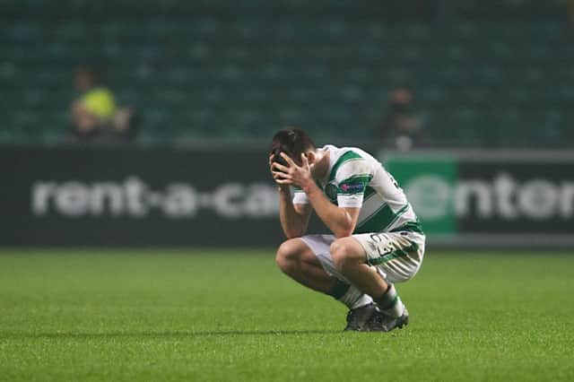 A dejected Kieran Tierney at the final whistle. Ironically, he was one of few Celtic players who could be proud of his performance. Picture: John Devlin