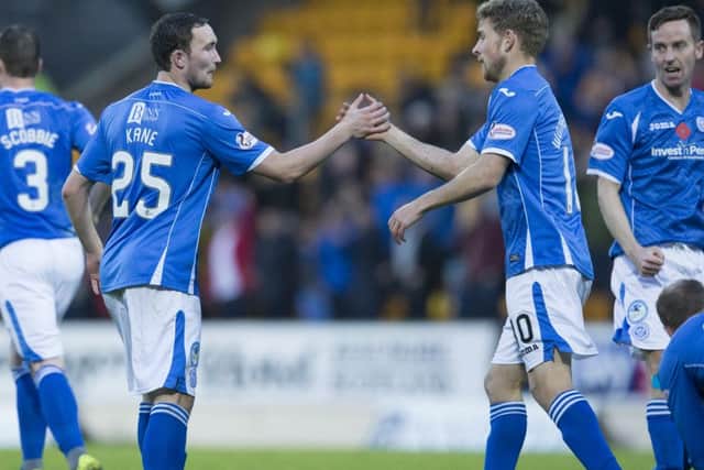 St Johnstone's Chris Kane (left) celebrates after making it 2-1. Picture: SNS Group
