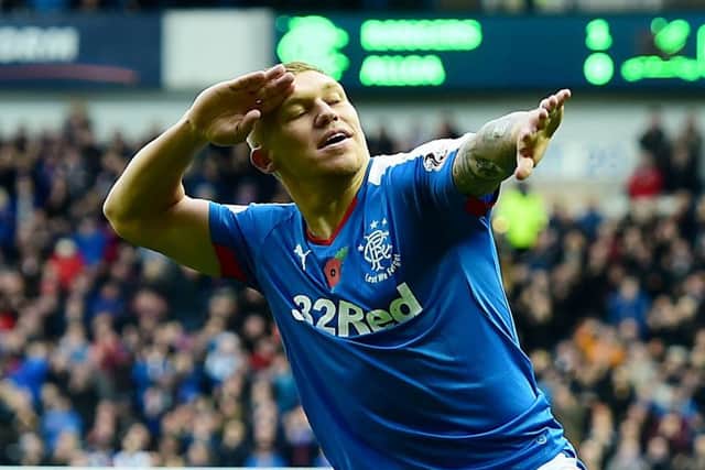 Martyn Waghorn celebrates his opening goal for Rangers against Alloa at Ibrox on Saturday. Picture: SNS