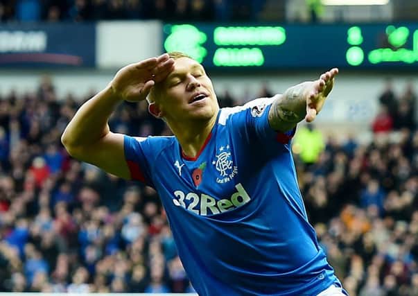 Martyn Waghorn celebrates his opening goal for Rangers against Alloa at Ibrox on Saturday. Picture: SNS