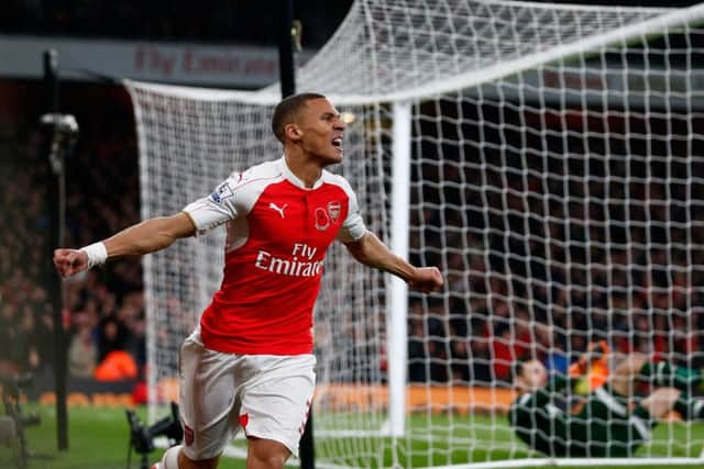 Arsenal substitute Kieran Gibbs celebrates after firing Arsene Wengers side level. Picture: Getty