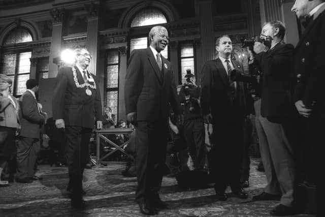 Nelson Mandela inside Glasgow City Chambers on October 9, 1993, with Lord Provost Robert Innes (left). Picture: Jeremy Sutton-Hibbert