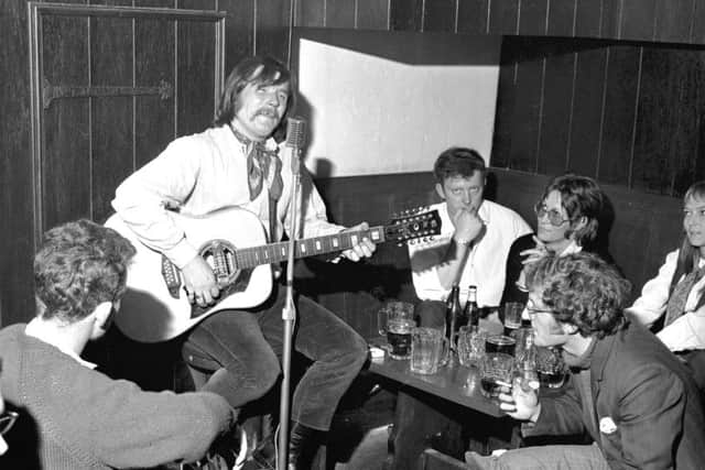 Folk singer Tam White gig at the Yellow Carvel (later the Ceilidh Club) in Tron Square Edinburgh, July 1970