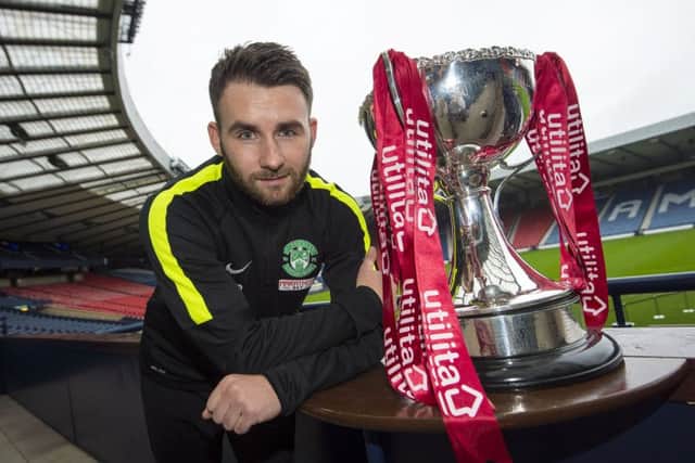 Hibs striker James Keatings at the semi-final draw for the Scottish League Cup at Hampden yesterday. Picture: SNS