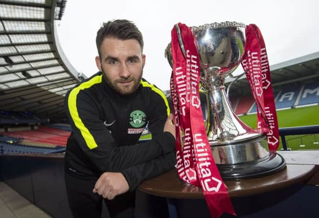 Hibs striker James Keatings at the semi-final draw for the Scottish League Cup at Hampden  yesterday. Picture: SNS