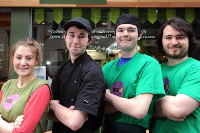 Staff who work at the Social Bite cafe in Rose Street, Edinburgh. (left to right) co-founder Alice Thompson, Pete Hart and brother Joe Hart and co-founder Josh Littlejohn. Picture: Jane Barlow