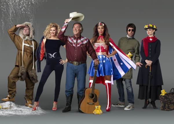 Celebrities dress as their childhood heroes to support the launch of BBC Children in Need 2015. From left to right: Dermot O'Leary as Ernest Shackleton, Tess Daly as Oliva Newton-John's Sandy, Sir Terry Wogan as Gene Autry, Rochelle Humes as Wonder Woman, Nick Grimshaw as Liam Gallagher & Sophie Ellis-Bextor as Julie Andrew's in Mary Poppins.