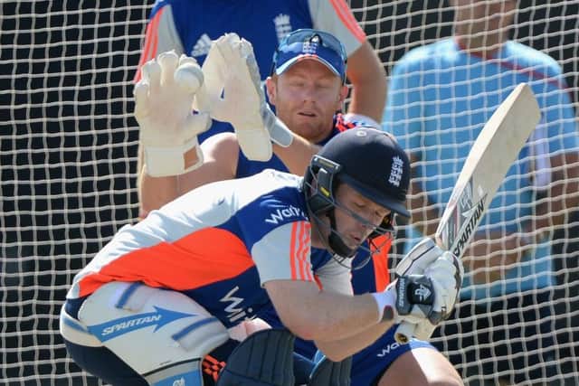 England captain Eoin Morgan ducks a short ball during a nets session at Sheikh Zayed Stadium. Picture: Getty