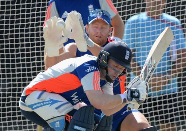 England captain Eoin Morgan ducks a short ball during a nets session at Sheikh Zayed Stadium. Picture: Getty