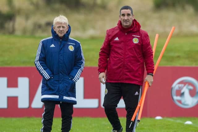 Gordon Strachan at training at Mar Hall yesterday with Scotland under-21 coach Ricky Sbragia. Picture: SNS