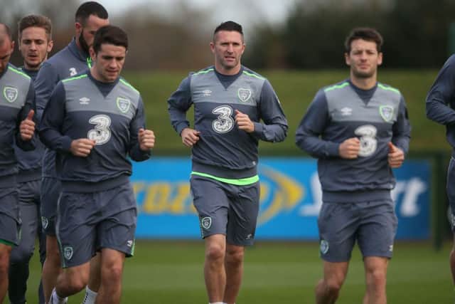 Republic of Ireland's Robbie Keane, centre, during a training session ahead of the Euro 2016 play-off with Bosnia-Herzegovina. Picture: Niall Carson/PA