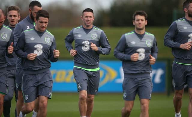 Republic of Ireland's Robbie Keane, centre, during a training session ahead of the Euro 2016 play-off with Bosnia-Herzegovina. Picture: Niall Carson/PA